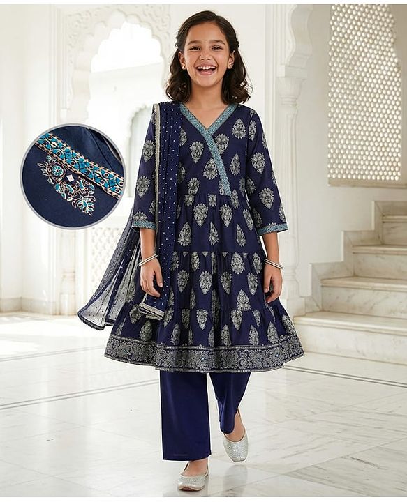 Pine Kids Viscose Woven Full Sleeves Kurta Salwar & Dupatta Set With Floral Foil Print - Navy Blue