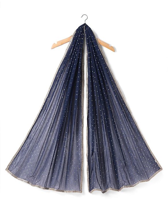 Pine Kids Viscose Woven Full Sleeves Kurta Salwar & Dupatta Set With Floral Foil Print - Navy Blue