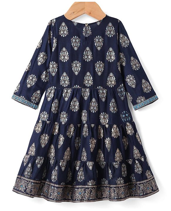 Pine Kids Viscose Woven Full Sleeves Kurta Salwar & Dupatta Set With Floral Foil Print - Navy Blue