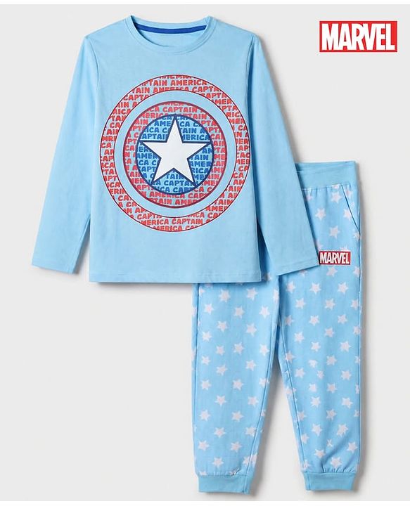 Pine Kids Marvel 100% Cotton Single Jersey Knit Full Sleeves T-Shirt & Pajama Night Suit with Captain America Graphic Print - Light Blue