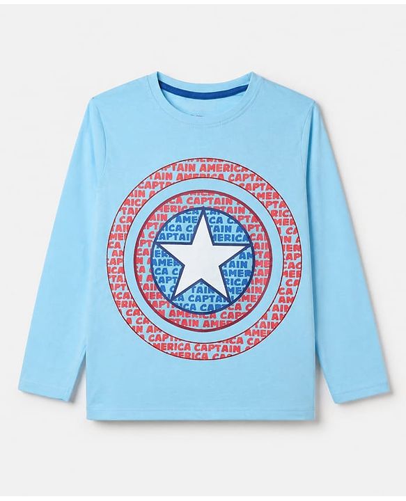 Pine Kids Marvel 100% Cotton Single Jersey Knit Full Sleeves T-Shirt & Pajama Night Suit with Captain America Graphic Print - Light Blue