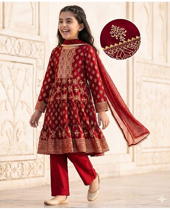 Pine Kids Woven Full Sleeves Kurta Salwar Set With Floral Foil Print & Dupatta - Maroon