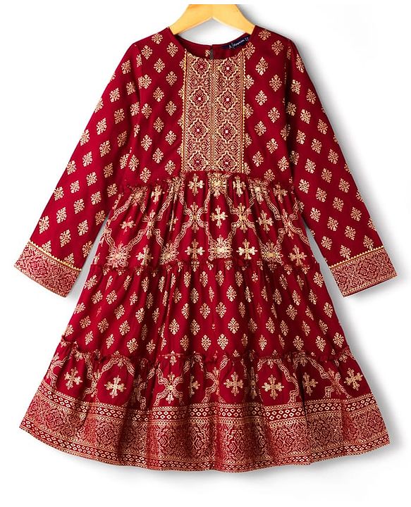 Pine Kids Woven Full Sleeves Kurta Salwar Set With Floral Foil Print & Dupatta - Maroon