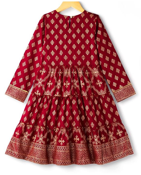 Pine Kids Woven Full Sleeves Kurta Salwar Set With Floral Foil Print & Dupatta - Maroon