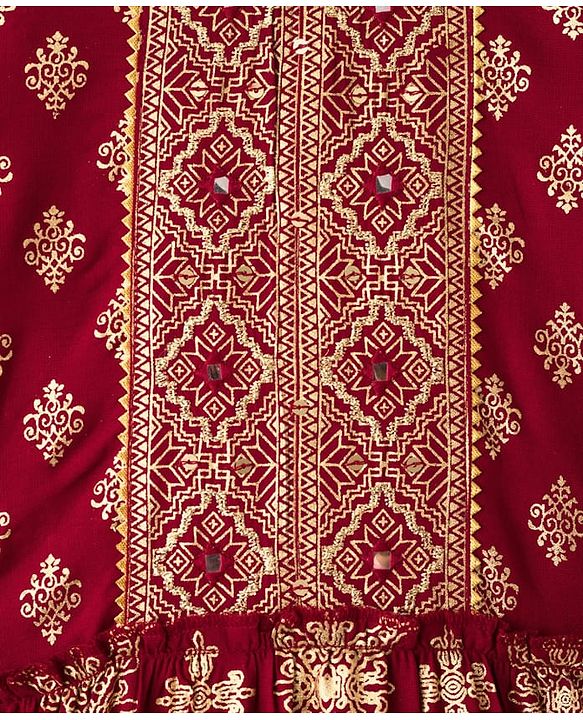 Pine Kids Woven Full Sleeves Kurta Salwar Set With Floral Foil Print & Dupatta - Maroon