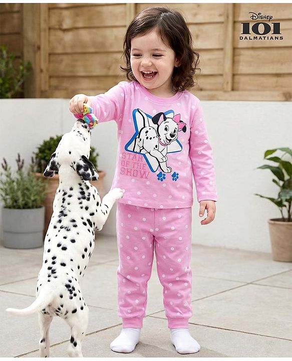 Babyhug Disney Single Jersey Knit Full Sleeves Night Suit With 101 Dalmatians Graphics - Pink