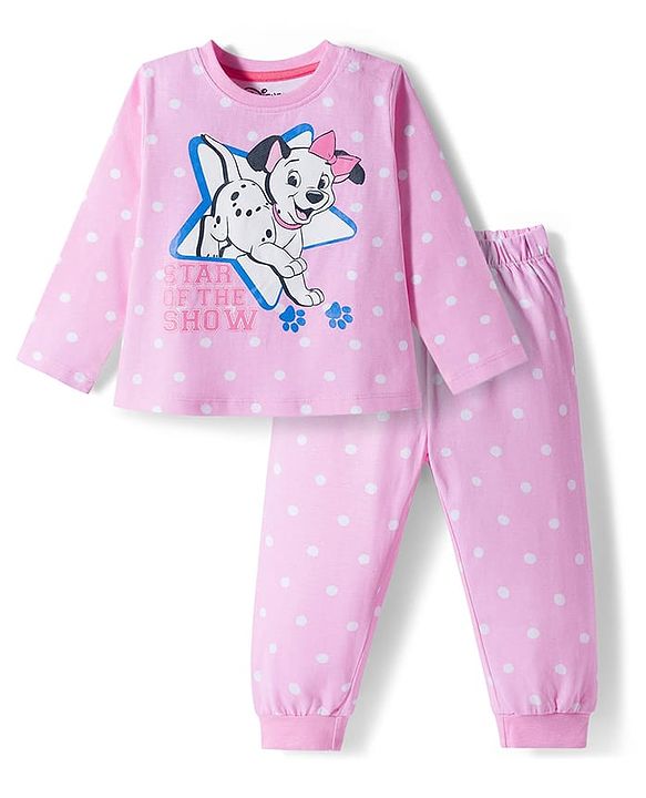 Babyhug Disney Single Jersey Knit Full Sleeves Night Suit With 101 Dalmatians Graphics - Pink