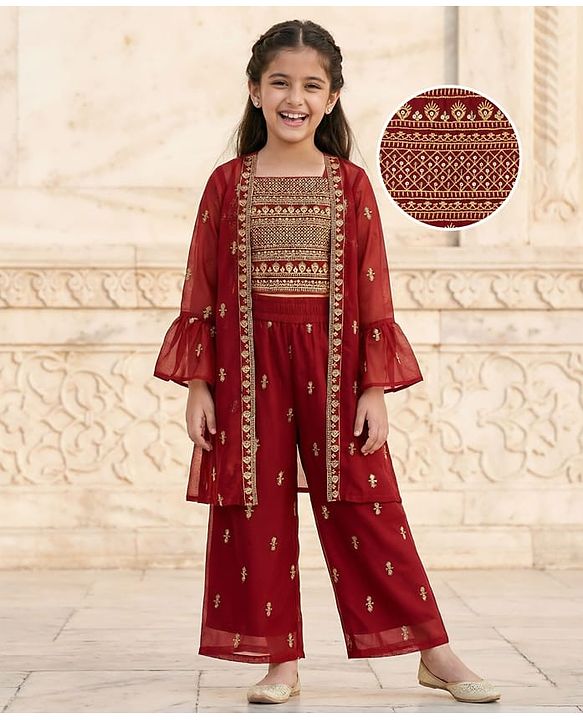 Pine Kids Woven Full Sleeves Indo Western Set With Floral Foil Print - Maroon