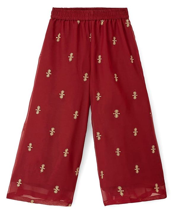 Pine Kids Woven Full Sleeves Indo Western Set With Floral Foil Print - Maroon