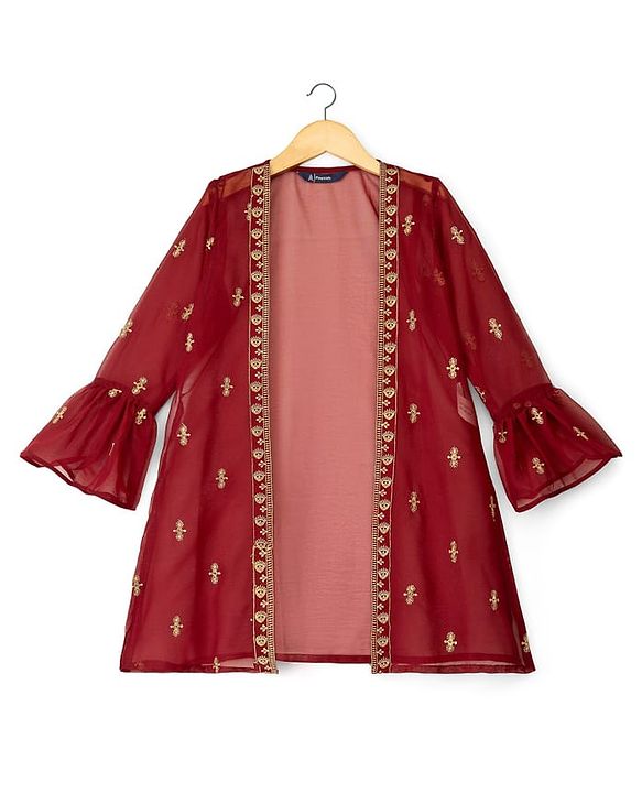 Pine Kids Woven Full Sleeves Indo Western Set With Floral Foil Print - Maroon