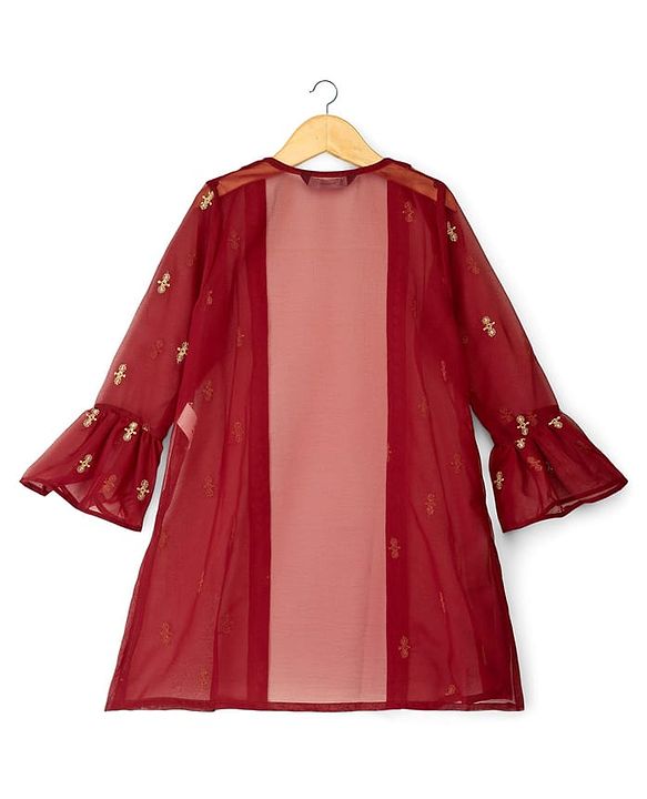 Pine Kids Woven Full Sleeves Indo Western Set With Floral Foil Print - Maroon