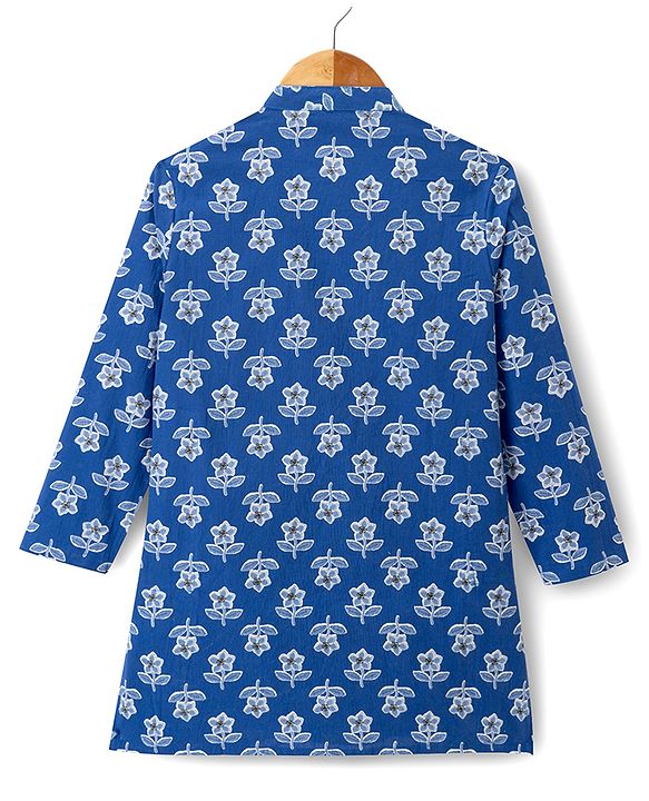 Pine Kids 100% Cotton Woven Full Length Floral Printed Kurta - Navy Blue