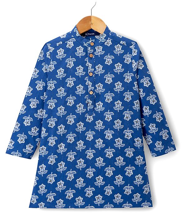 Pine Kids 100% Cotton Woven Full Length Floral Printed Kurta - Navy Blue
