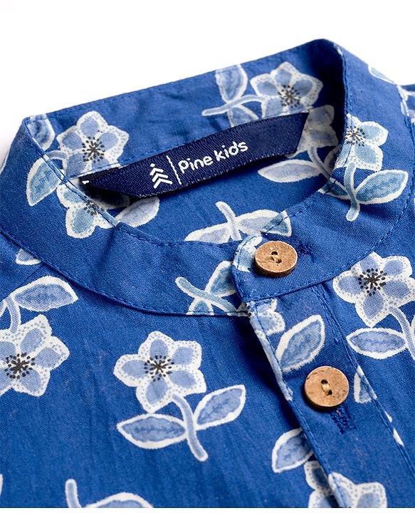Pine Kids 100% Cotton Woven Full Length Floral Printed Kurta - Navy Blue