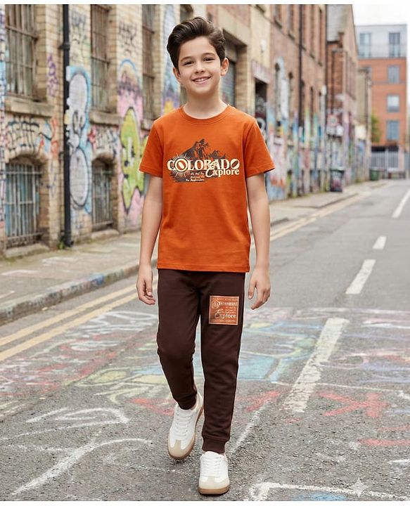 Pine Kids Cotton Knit Half Sleeves T-Shirt & Joggers Set with Text Print - Rust Orange