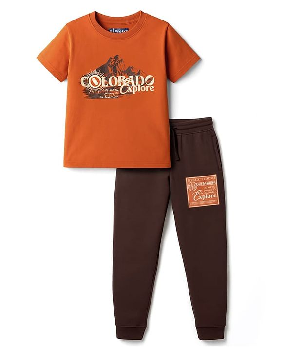 Pine Kids Cotton Knit Half Sleeves T-Shirt & Joggers Set with Text Print - Rust Orange