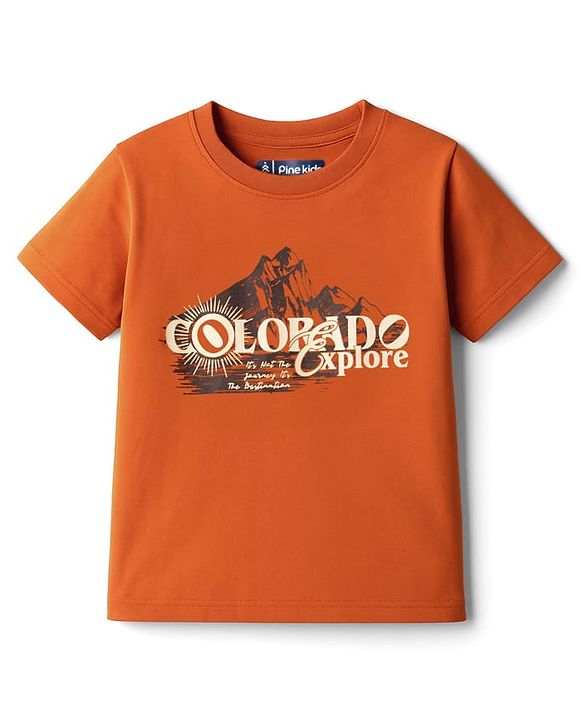 Pine Kids Cotton Knit Half Sleeves T-Shirt & Joggers Set with Text Print - Rust Orange