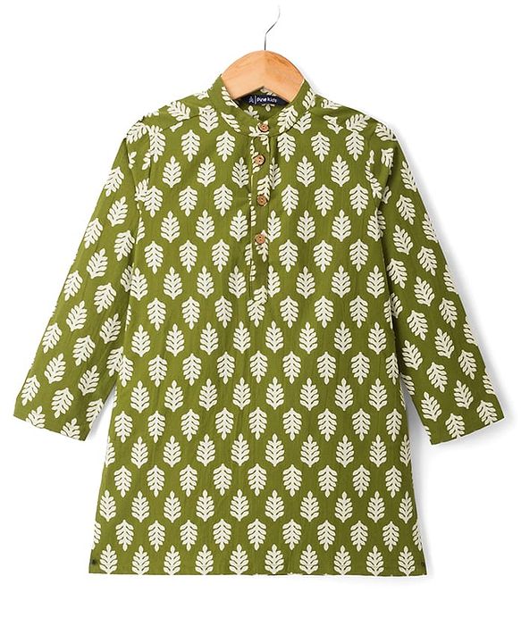 Pine Kids 100% Cotton Woven Full Length Leaves Printed Kurta  - Green