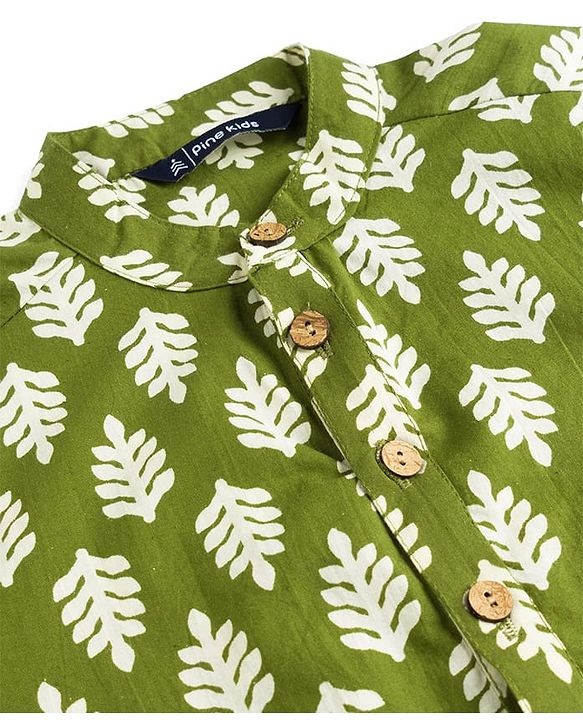 Pine Kids 100% Cotton Woven Full Length Leaves Printed Kurta  - Green