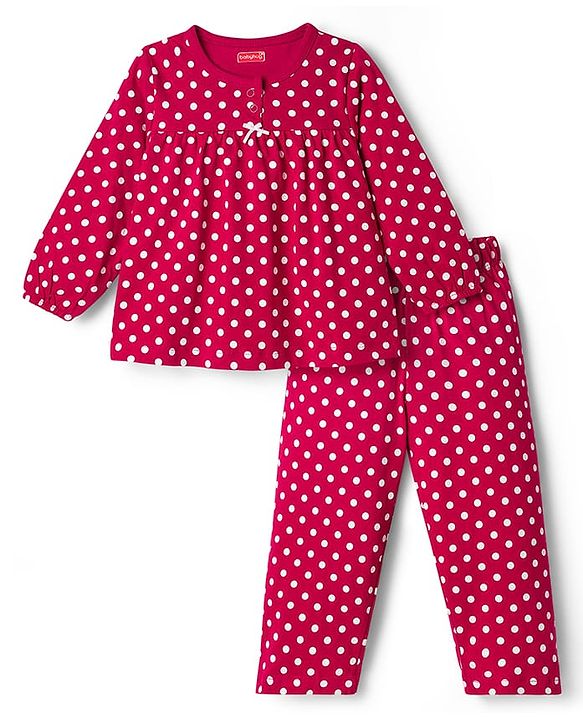Babyhug Cotton Knit Full Sleeves Co-ords Night Suit with Polka Dot Print - Maroon