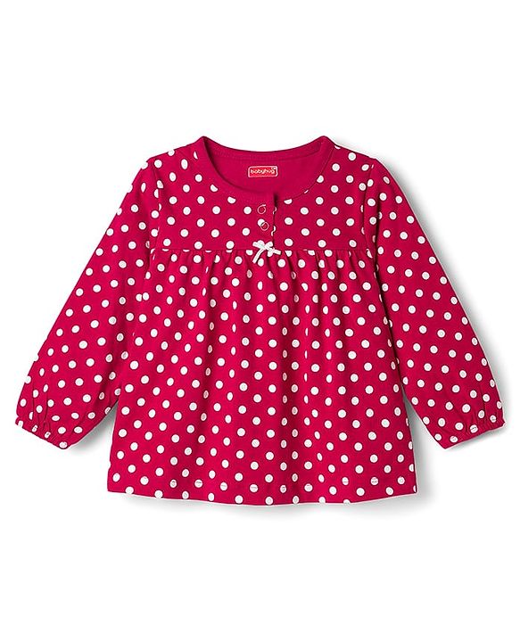 Babyhug Cotton Knit Full Sleeves Co-ords Night Suit with Polka Dot Print - Maroon