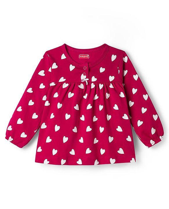 Babyhug Cotton Knit Full Sleeves Co-ord Night Suit With Heart Print - Maroon