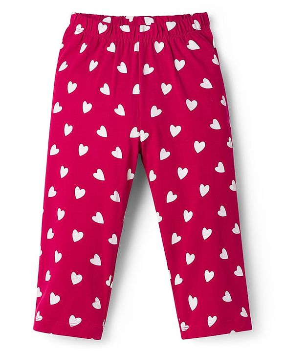 Babyhug Cotton Knit Full Sleeves Co-ord Night Suit With Heart Print - Maroon