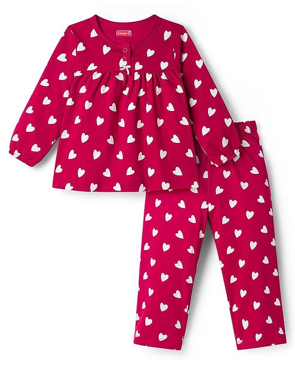 Babyhug Cotton Knit Full Sleeves Co-ord Night Suit With Heart Print - Maroon