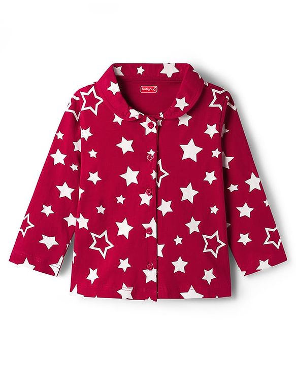 Babyhug Cotton Knit Full Sleeves Co-ords Night Suit with Star Print - Maroon