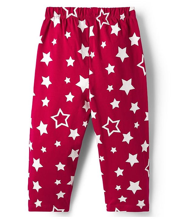 Babyhug Cotton Knit Full Sleeves Co-ords Night Suit with Star Print - Maroon