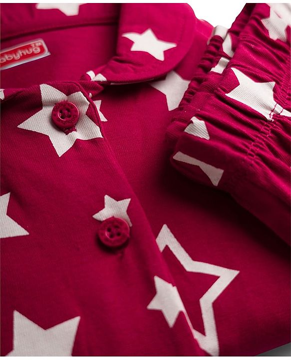 Babyhug Cotton Knit Full Sleeves Co-ords Night Suit with Star Print - Maroon