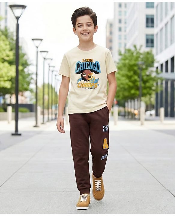 Pine Kids Cotton Knit Half Sleeves T-Shirt & Joggers Set with Text Print - Brown