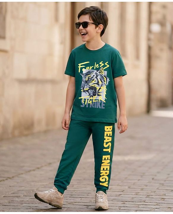 Pine Kids Cotton Knit Half Sleeves T-Shirt & Lounge Pant Set with Text Graphic - Green