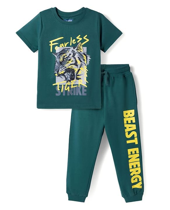 Pine Kids Cotton Knit Half Sleeves T-Shirt & Lounge Pant Set with Text Graphic - Green
