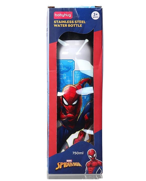 Babyhug Marvel Spiderman Stainless Steel Water Bottle - 750ml| Leak Resistant| BPA Free| Rust Proof| Gifting for School Going Boys & Girls| Convenient Flip Cap| Ideal for Home and Outside Use