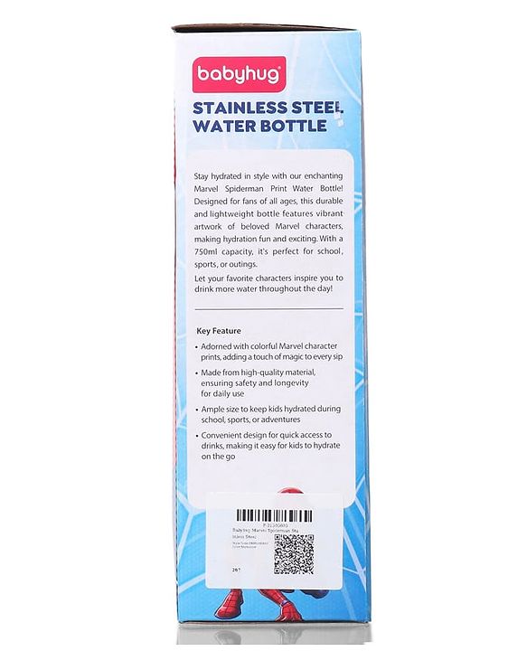 Babyhug Marvel Spiderman Stainless Steel Water Bottle - 750ml| Leak Resistant| BPA Free| Rust Proof| Gifting for School Going Boys & Girls| Convenient Flip Cap| Ideal for Home and Outside Use