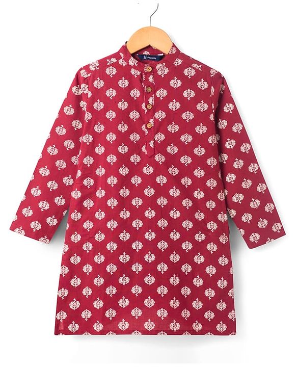 Pine Kids Cotton Woven Full Sleeves Kurta with Floral Print - Red