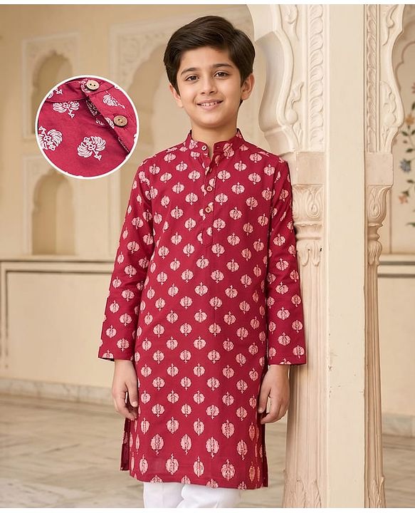 Pine Kids Cotton Woven Full Sleeves Kurta with Floral Print - Red