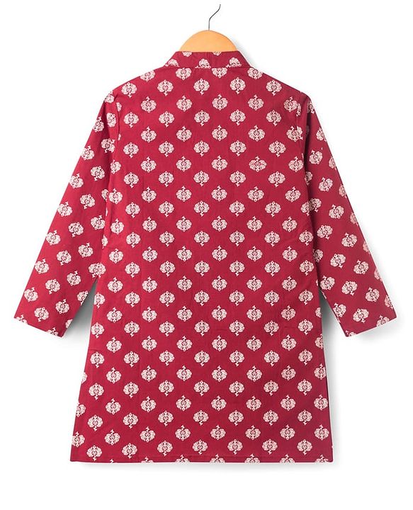 Pine Kids Cotton Woven Full Sleeves Kurta with Floral Print - Red