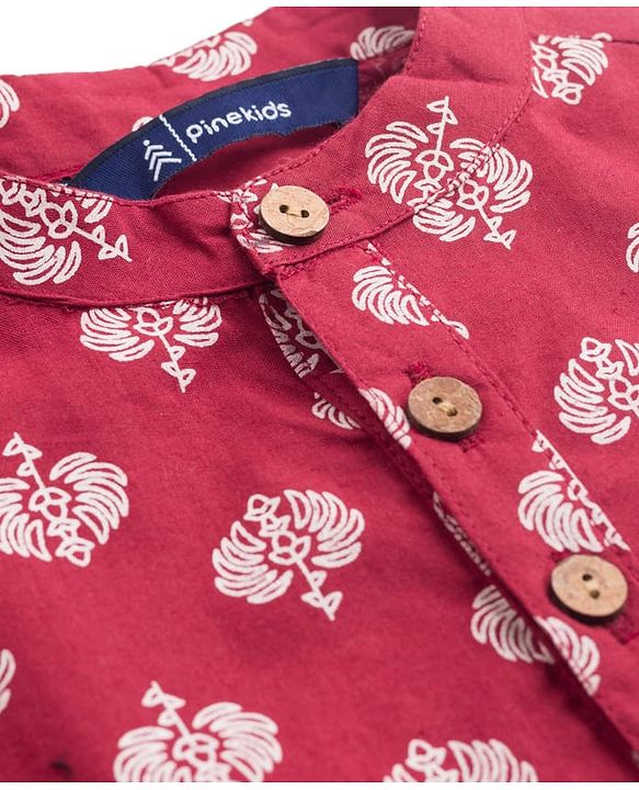 Pine Kids Cotton Woven Full Sleeves Kurta with Floral Print - Red