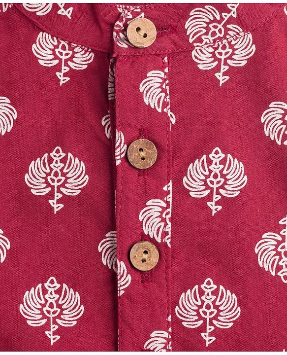 Pine Kids Cotton Woven Full Sleeves Kurta with Floral Print - Red