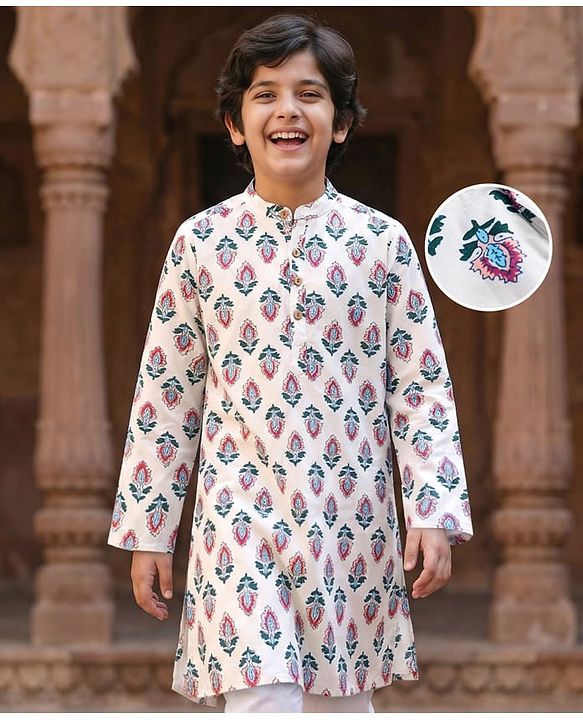 Pine Kids 100% Cotton Woven Full Sleeves Floral Printed Kurta - White