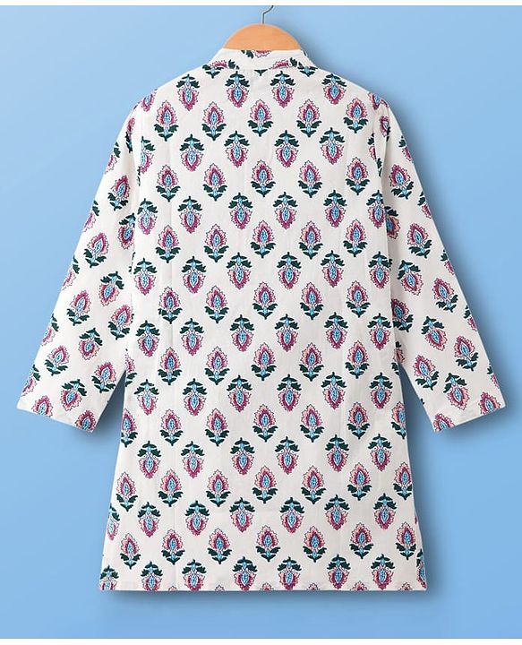 Pine Kids 100% Cotton Woven Full Sleeves Floral Printed Kurta - White