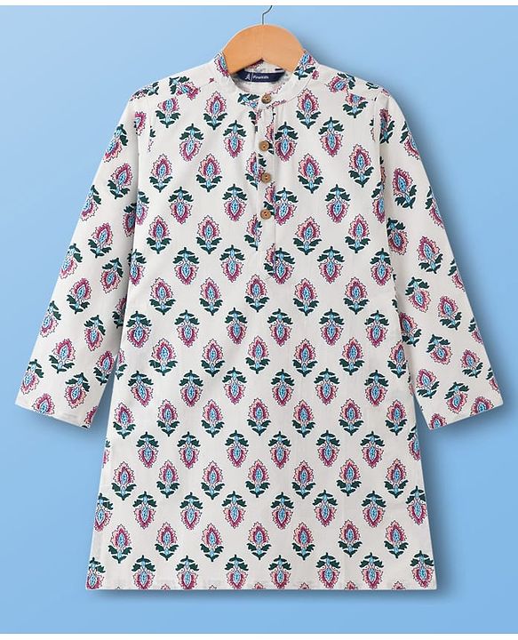 Pine Kids 100% Cotton Woven Full Sleeves Floral Printed Kurta - White