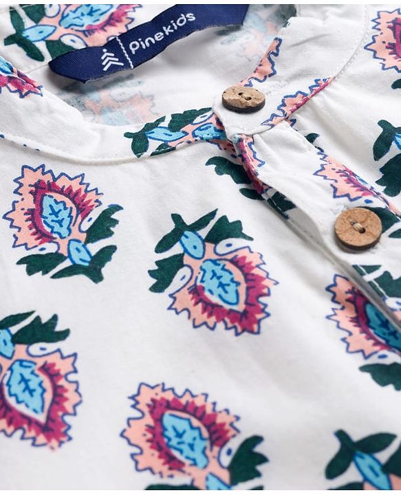 Pine Kids 100% Cotton Woven Full Sleeves Floral Printed Kurta - White