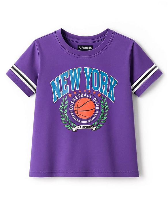 Pine Kids Cotton Knit Half Sleeves T-Shirt & Joggers Set with Text Print - Purple