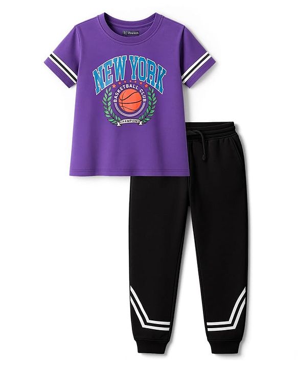 Pine Kids Cotton Knit Half Sleeves T-Shirt & Joggers Set with Text Print - Purple