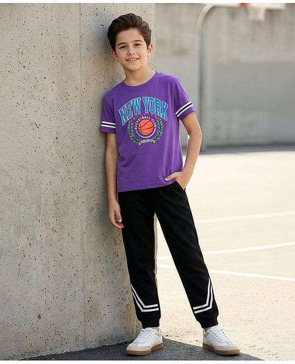 Pine Kids Cotton Knit Half Sleeves T-Shirt & Joggers Set with Text Print - Purple