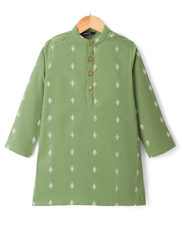 Pine Kids 100% Cotton Woven Full Length Printed Kurta - Olive Green