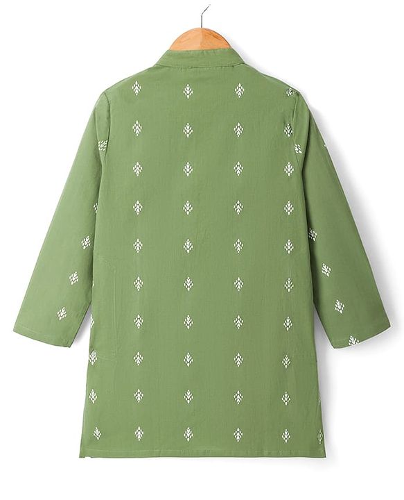 Pine Kids 100% Cotton Woven Full Length Printed Kurta - Olive Green